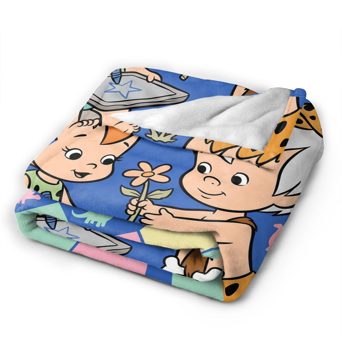 Personalized Prehistoric Duo Flannel Blanket, Custom Cave Kids Club & Bone Throw, Retro Stone Age Bedding, Best Friends Gift for Toddlers
