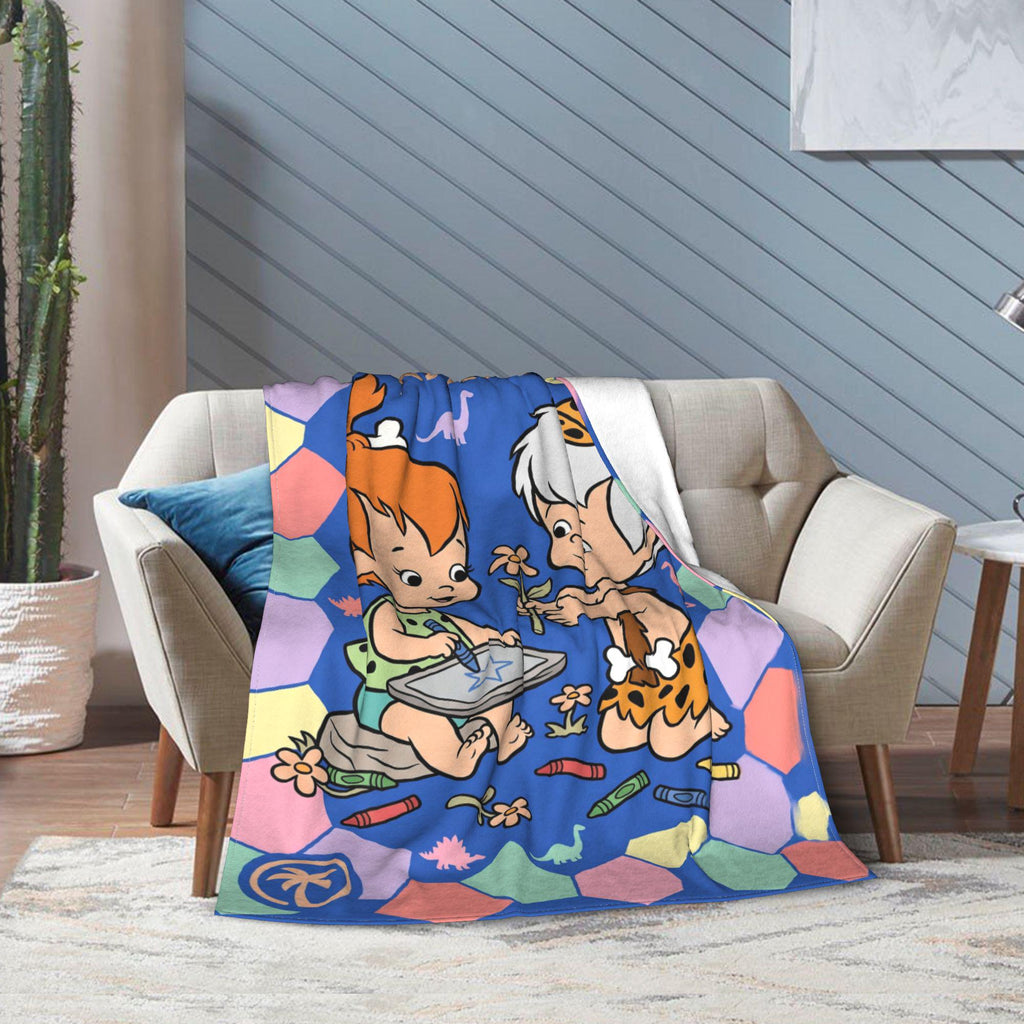 Personalized Prehistoric Duo Flannel Blanket, Custom Cave Kids Club & Bone Throw, Retro Stone Age Bedding, Best Friends Gift for Toddlers