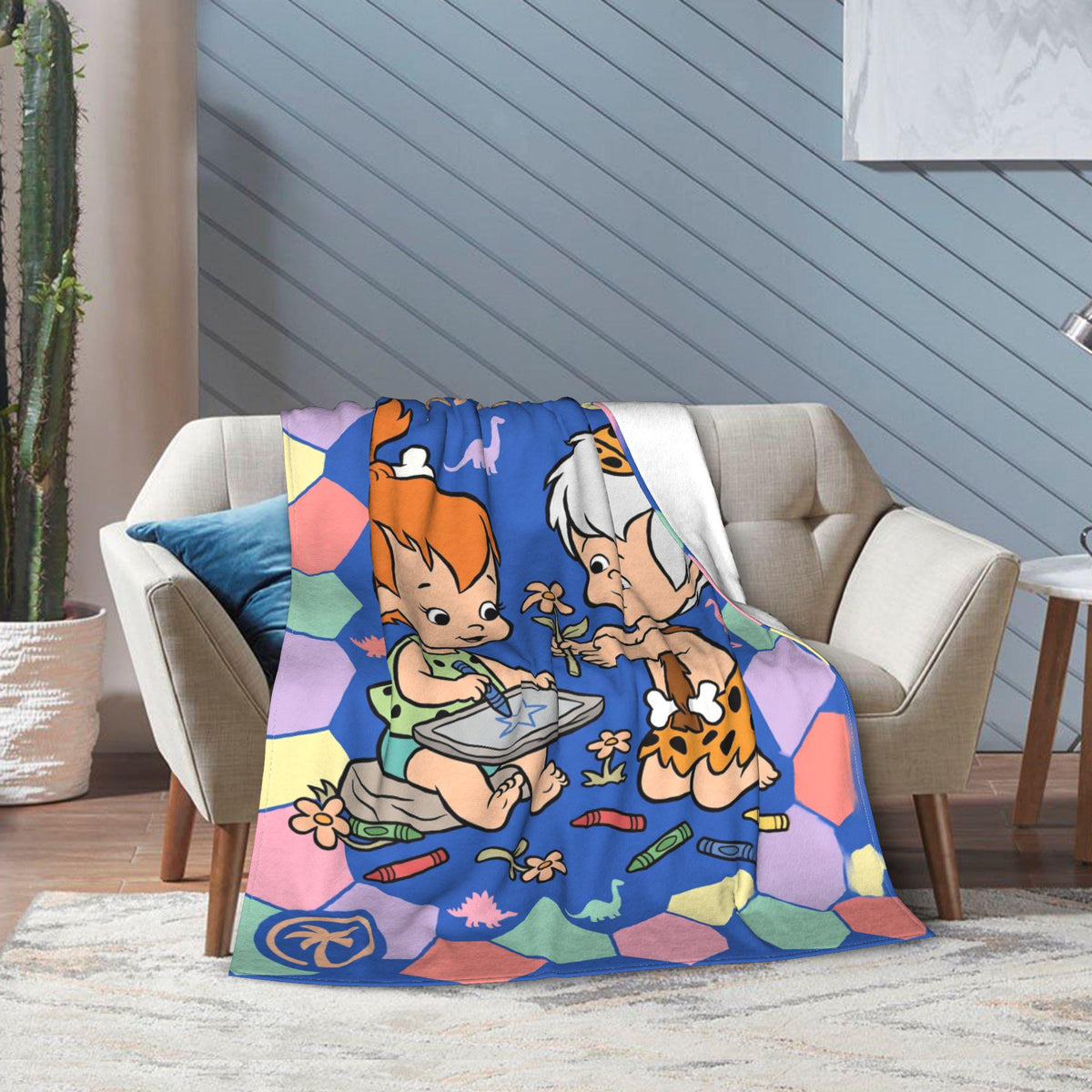 Personalized Prehistoric Duo Flannel Blanket, Custom Cave Kids Club & Bone Throw, Retro Stone Age Bedding, Best Friends Gift for Toddlers