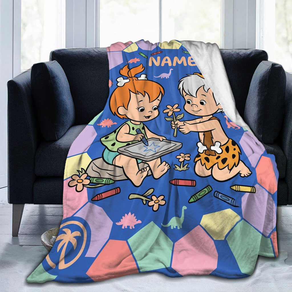 Personalized Prehistoric Duo Flannel Blanket, Custom Cave Kids Club & Bone Throw, Retro Stone Age Bedding, Best Friends Gift for Toddlers