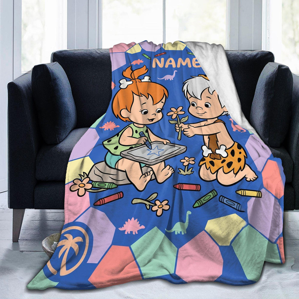 Personalized Prehistoric Duo Flannel Blanket, Custom Cave Kids Club & Bone Throw, Retro Stone Age Bedding, Best Friends Gift for Toddlers