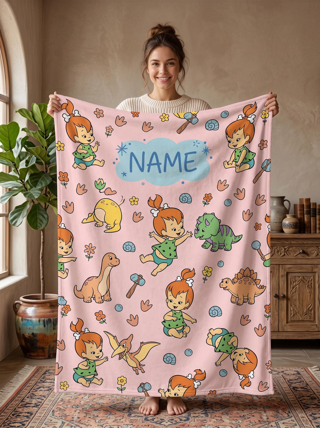 Personalized Prehistoric Girl Flannel Blanket, Custom Bone Hair Baby Throw, Pastel Pink Cave Bedding, Retro Cartoon Nursery Gift