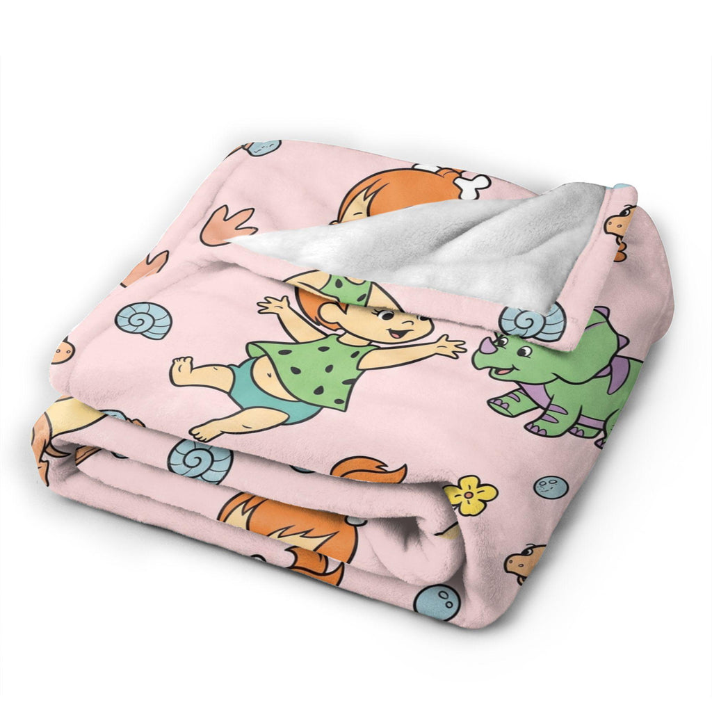 Personalized Prehistoric Girl Flannel Blanket, Custom Bone Hair Baby Throw, Pastel Pink Cave Bedding, Retro Cartoon Nursery Gift
