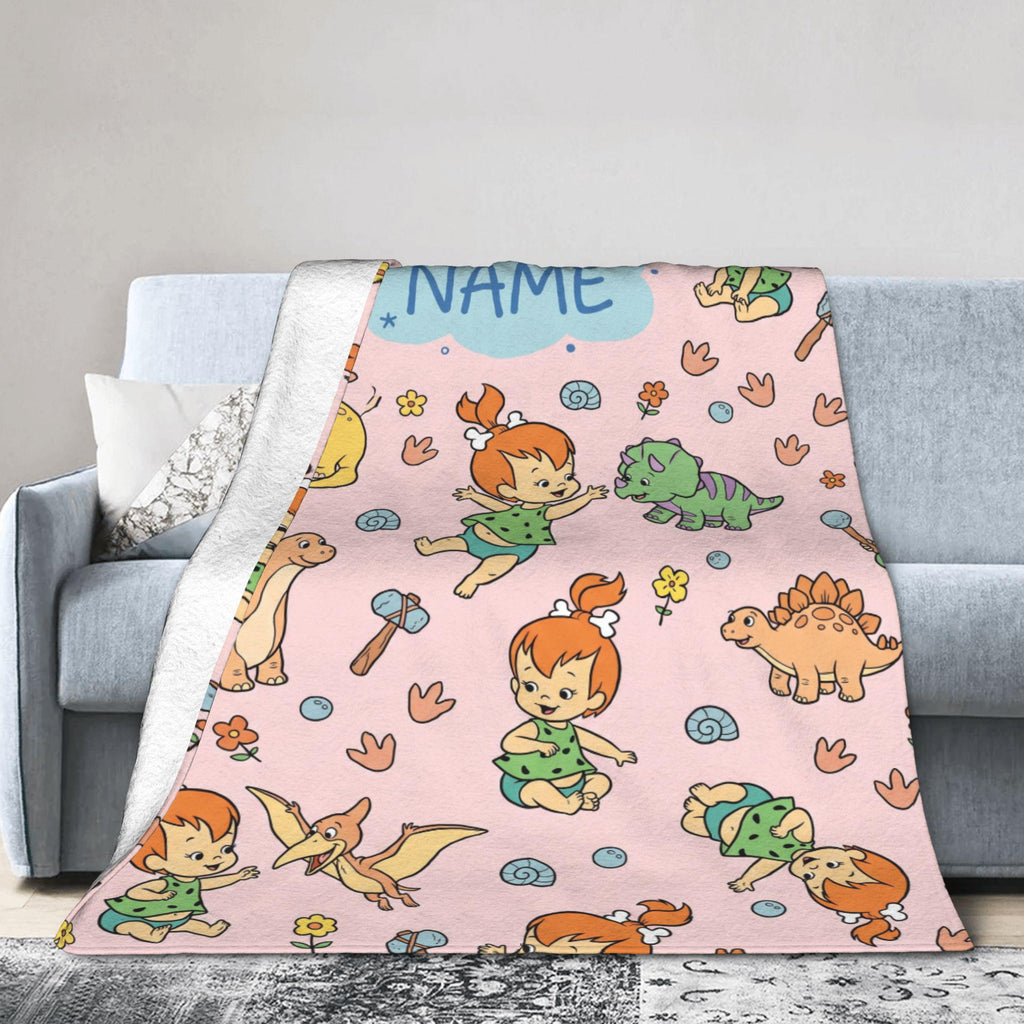 Personalized Prehistoric Girl Flannel Blanket, Custom Bone Hair Baby Throw, Pastel Pink Cave Bedding, Retro Cartoon Nursery Gift