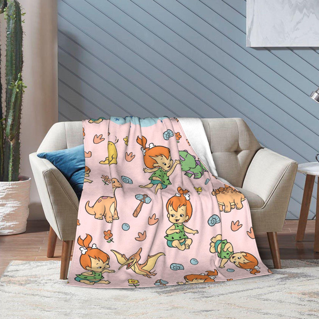 Personalized Prehistoric Girl Flannel Blanket, Custom Bone Hair Baby Throw, Pastel Pink Cave Bedding, Retro Cartoon Nursery Gift