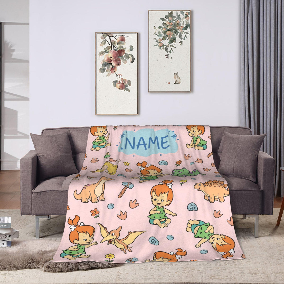 Personalized Prehistoric Girl Flannel Blanket, Custom Bone Hair Baby Throw, Pastel Pink Cave Bedding, Retro Cartoon Nursery Gift