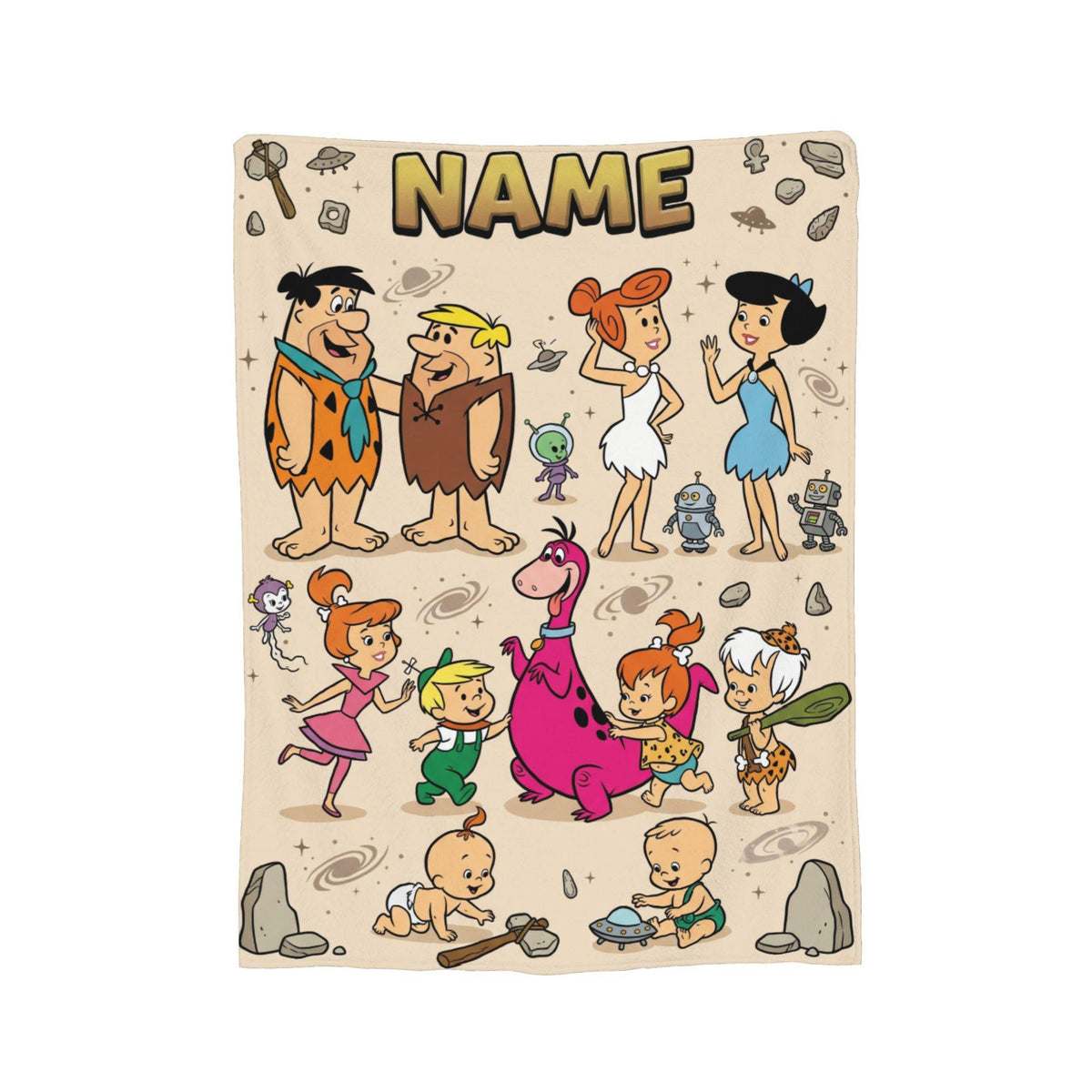 Personalized Stone Age Meets Future Era Flannel Blanket, Custom Retro Crossover Throw, Vintage Comic Bedding, Fun Family Gift for Fans