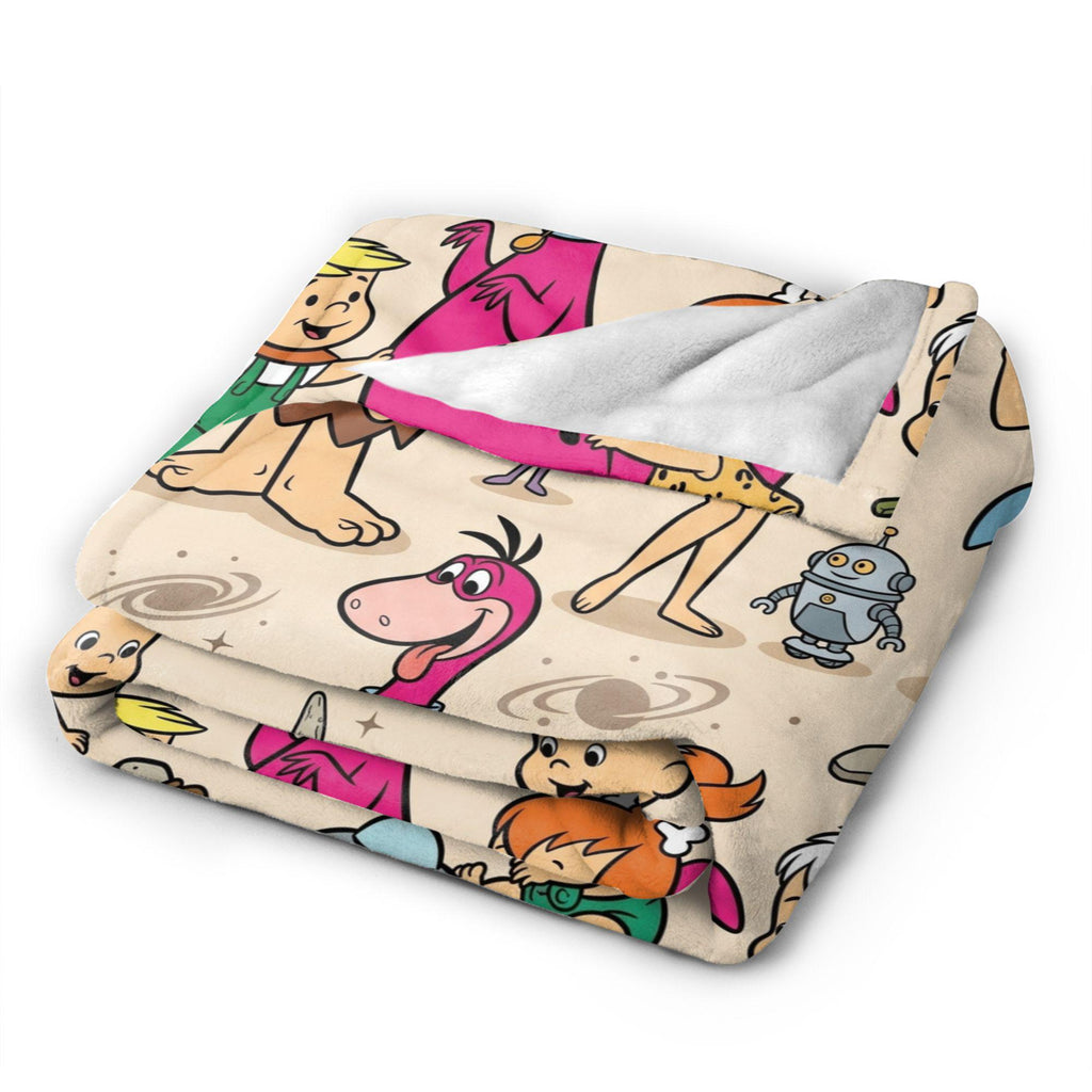 Personalized Stone Age Meets Future Era Flannel Blanket, Custom Retro Crossover Throw, Vintage Comic Bedding, Fun Family Gift for Fans