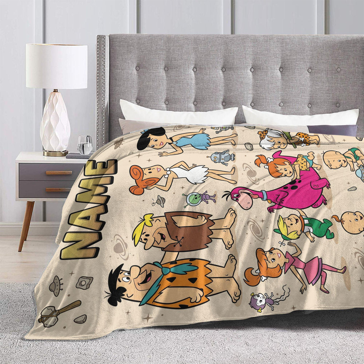 Personalized Stone Age Meets Future Era Flannel Blanket, Custom Retro Crossover Throw, Vintage Comic Bedding, Fun Family Gift for Fans