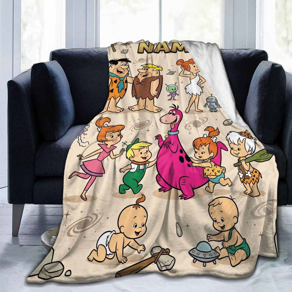 Personalized Stone Age Meets Future Era Flannel Blanket, Custom Retro Crossover Throw, Vintage Comic Bedding, Fun Family Gift for Fans