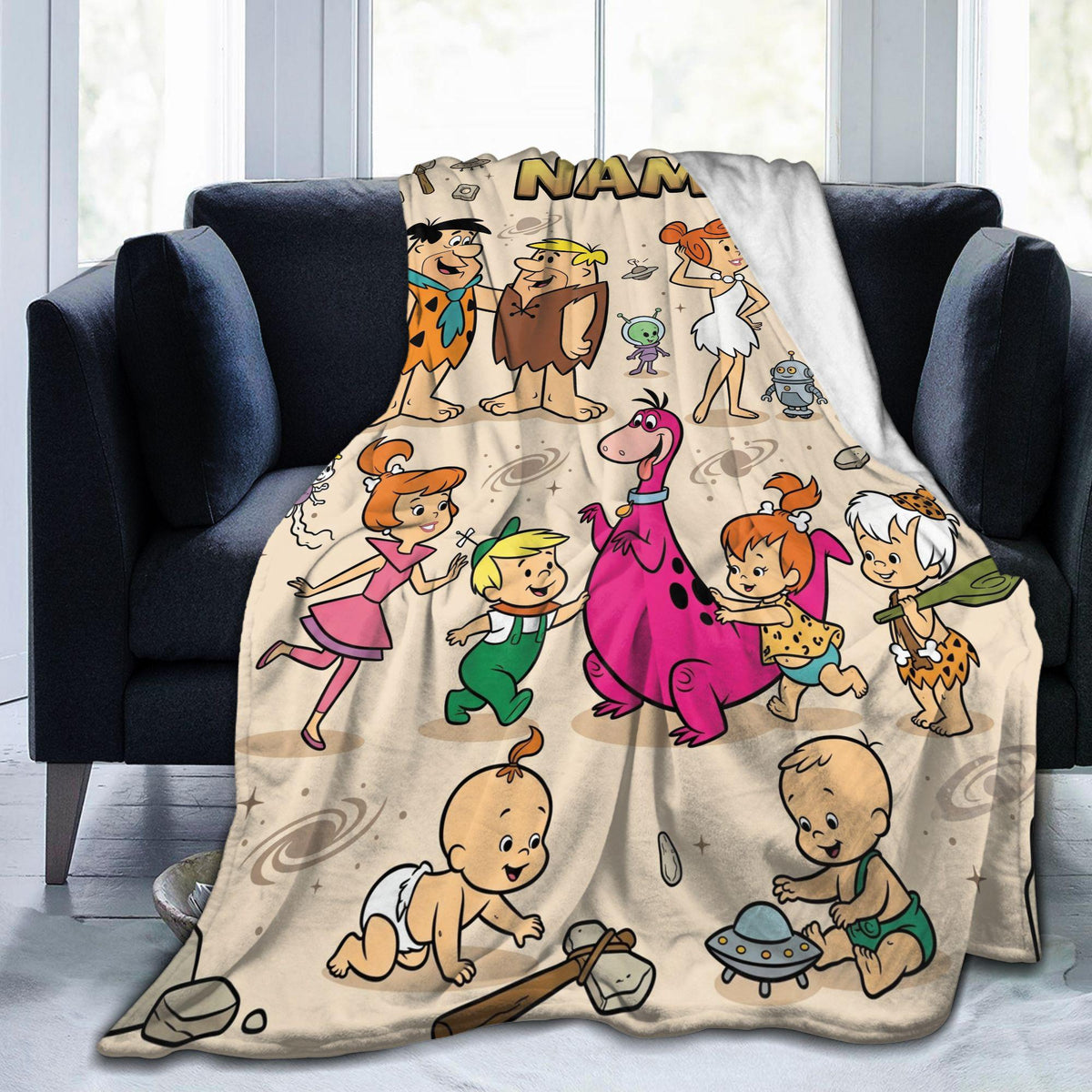 Personalized Stone Age Meets Future Era Flannel Blanket, Custom Retro Crossover Throw, Vintage Comic Bedding, Fun Family Gift for Fans