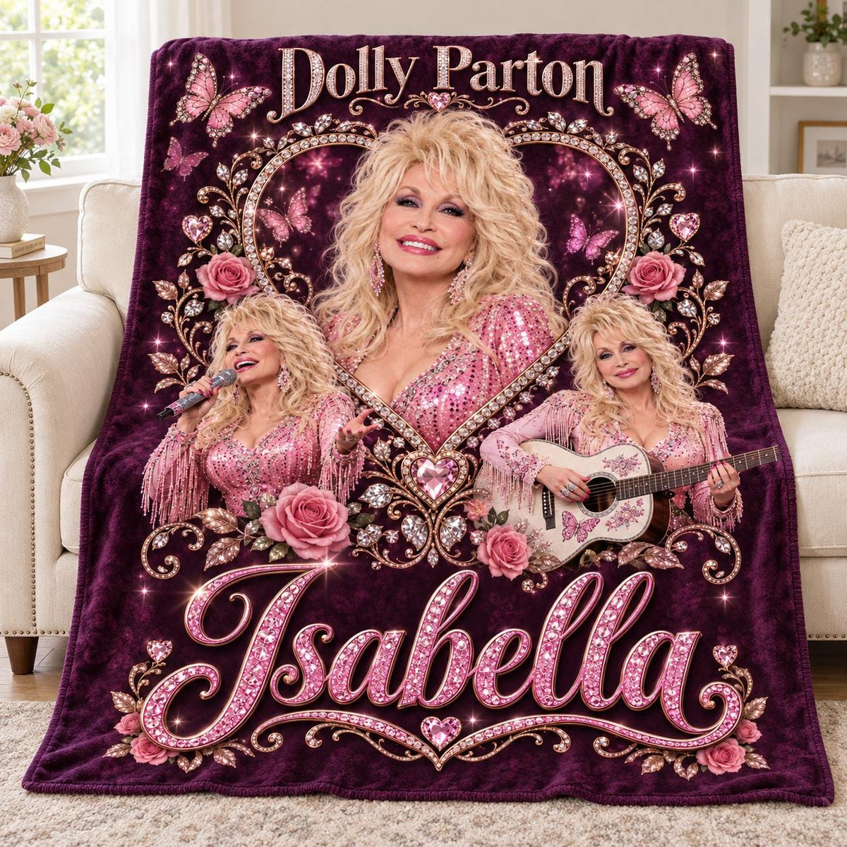 Dolly Parton Blanket Personalized Name, Custom Pink Country Flannel Throw, Dolly Fan Gift, Cowgirl Western Bedroom Decor