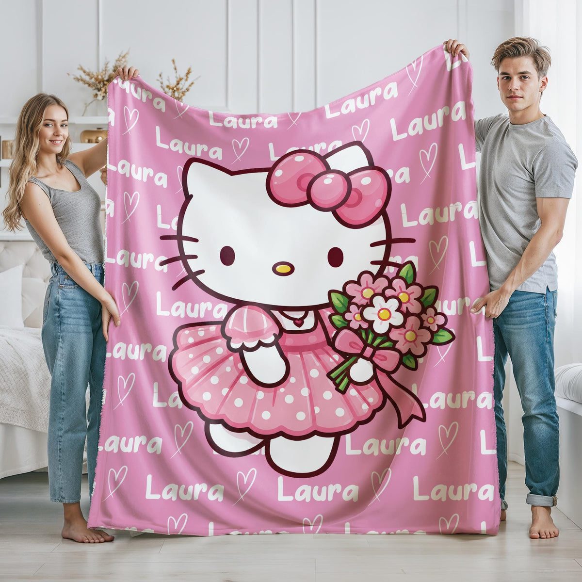 Personalized Hello Kitty Blanket, Custom Name Blanket, Pink Kitty Throw, Kawaii Girl Gift, Birthday Gift, Valentine Gift, Sanrio Blanket
