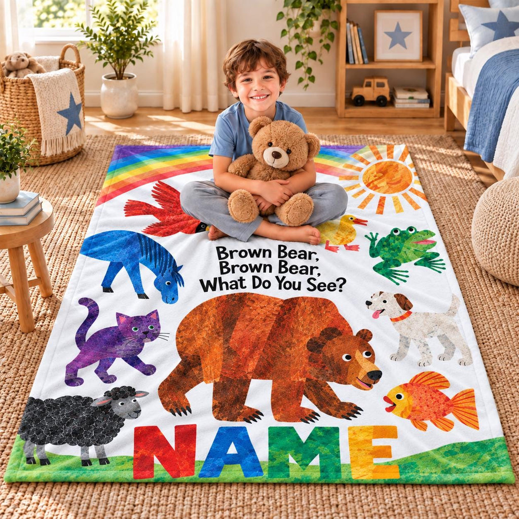 Personalized Toddler Name Blanket: Storybook Bear, Rainbow Animals (Soft Throw)