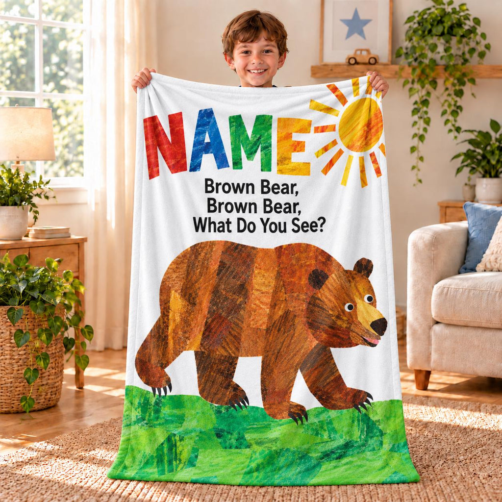 Personalized Toddler Name Blanket: Storybook Bear, Rainbow Animals (Soft Throw)