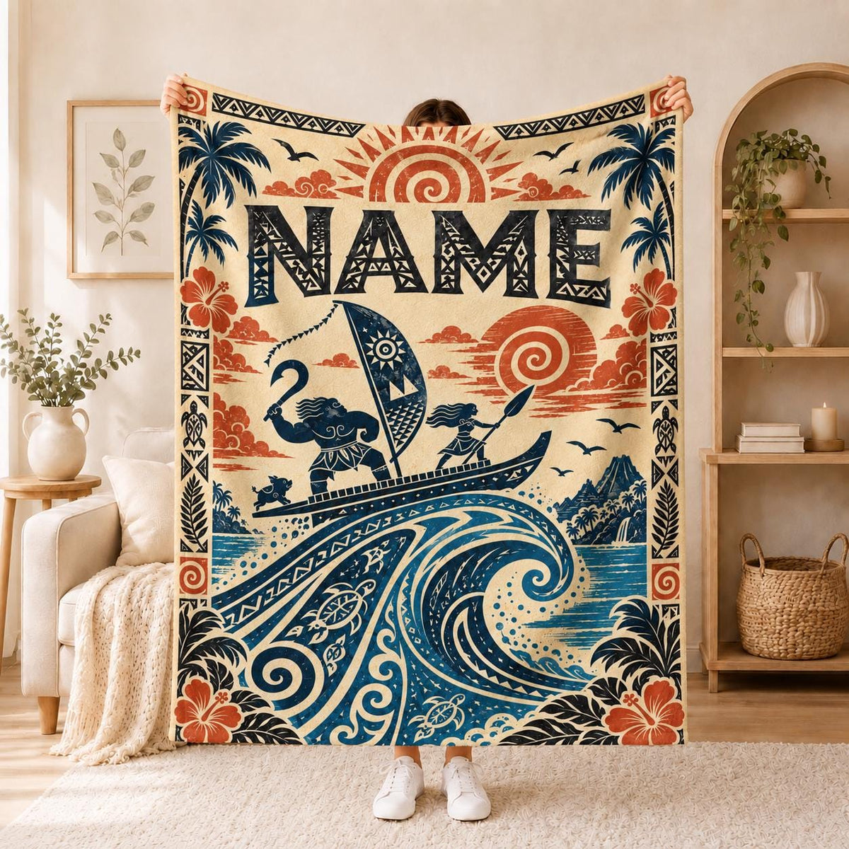 Personalized Polynesian Voyage Flannel Blanket, Custom Tribal Island Art Throw