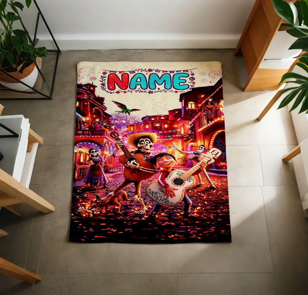 1. Personalized Coco Family Blanket Soft Throw, Custom Name Skeleton Family Throw, Day Of The Dead Gift