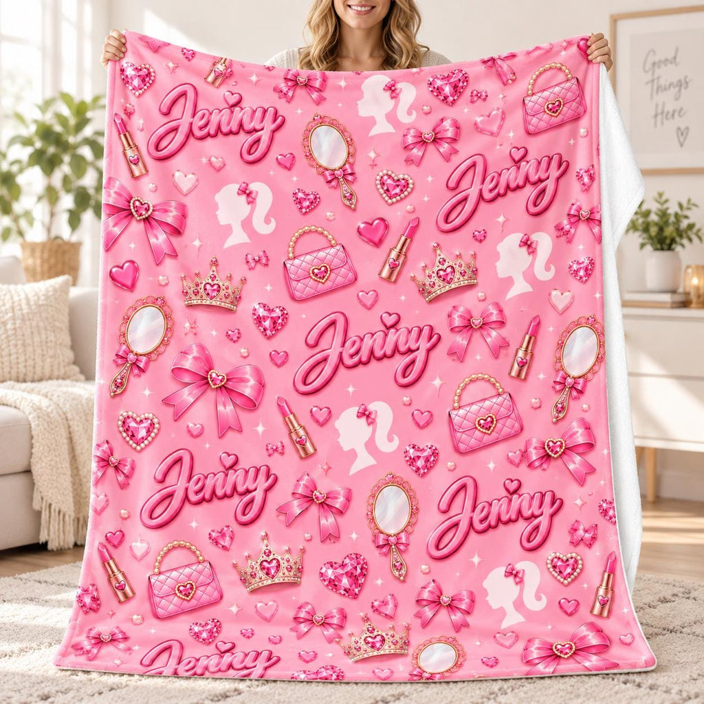 Personalized Pink Name Blanket, Soft Velveteen Plush Throw for Girls