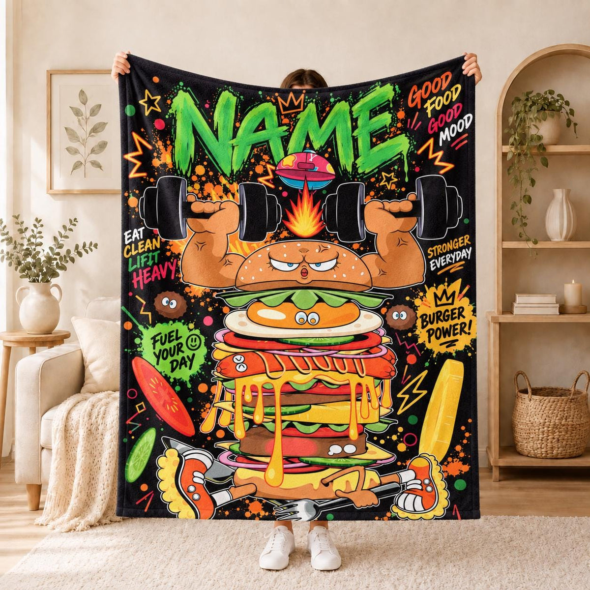 Burger Plus Fitness Art Blanket Soft Throw Custom Name Cartoon Food Decor Throw