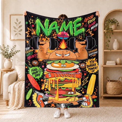 Burger Plus Fitness Art Blanket Soft Throw Custom Name Cartoon Food Decor Throw