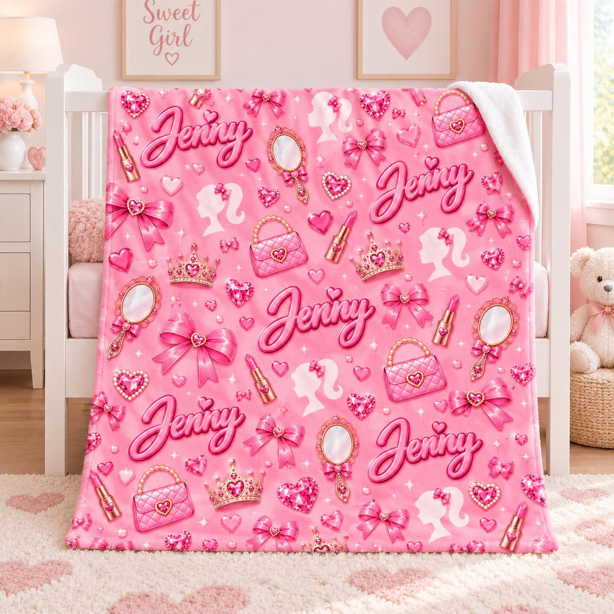 Personalized Pink Name Blanket, Soft Velveteen Plush Throw for Girls