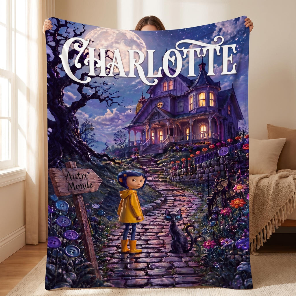 Personalized Spooky Fairytale Blanket, Custom Dark Fantasy Bedding, Creepy Cute Black Cat Room Decor, Whimsical Name Throw