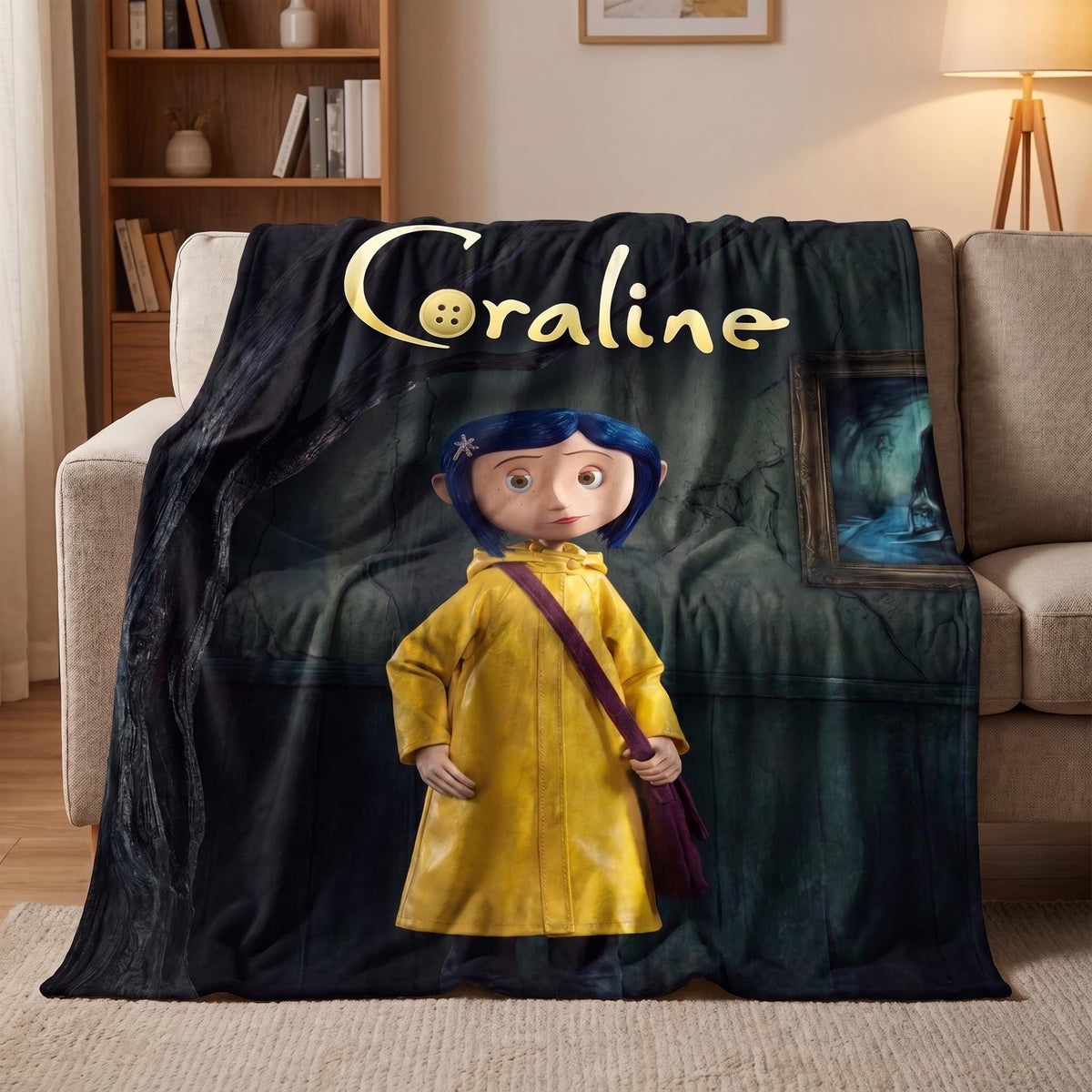 Personalized Creepy Cute Throw, Custom Gothic Fantasy Bedding, Spooky Blue Hair Girl Blanket, Dark Aesthetic Bedroom Decor