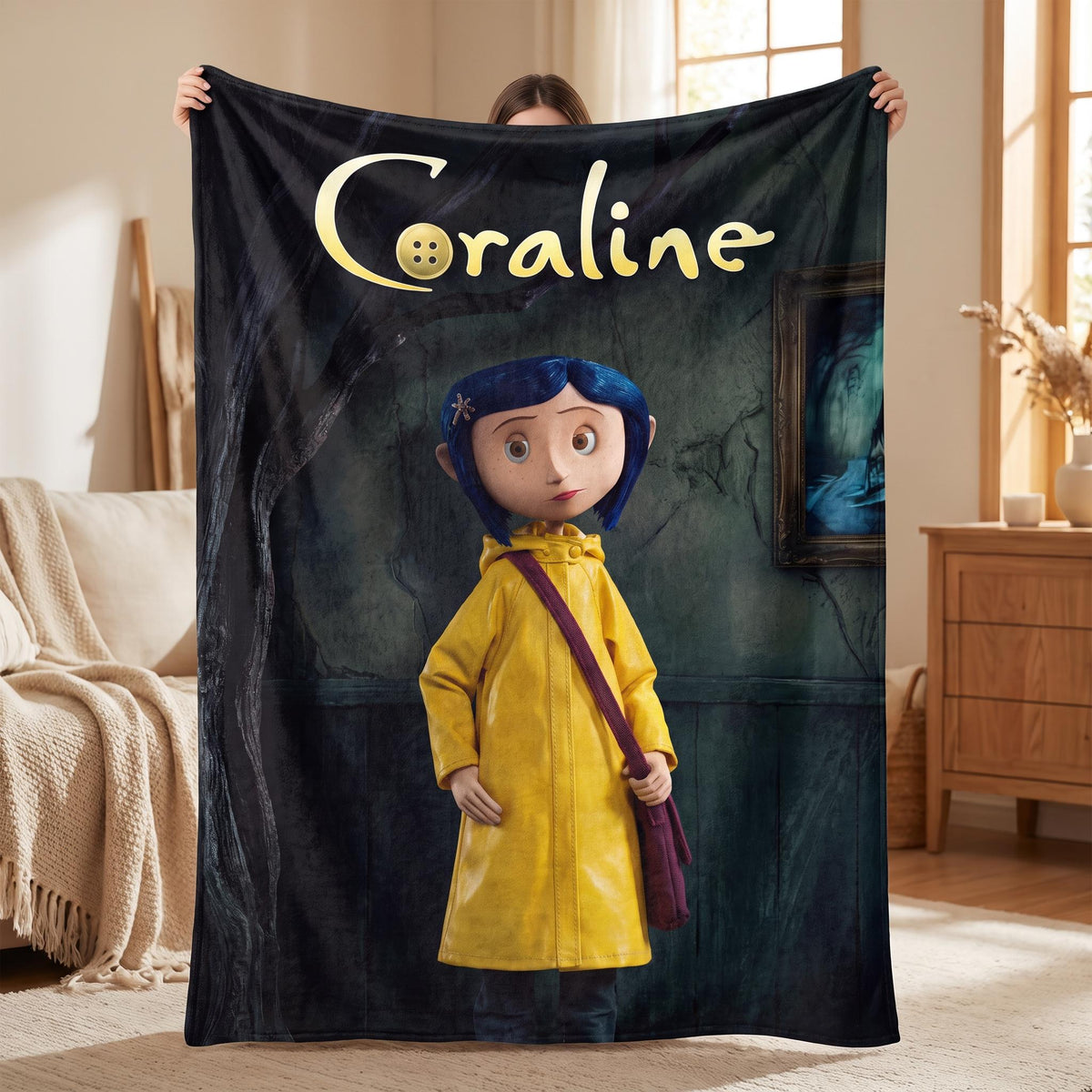 Personalized Creepy Cute Throw, Custom Gothic Fantasy Bedding, Spooky Blue Hair Girl Blanket, Dark Aesthetic Bedroom Decor
