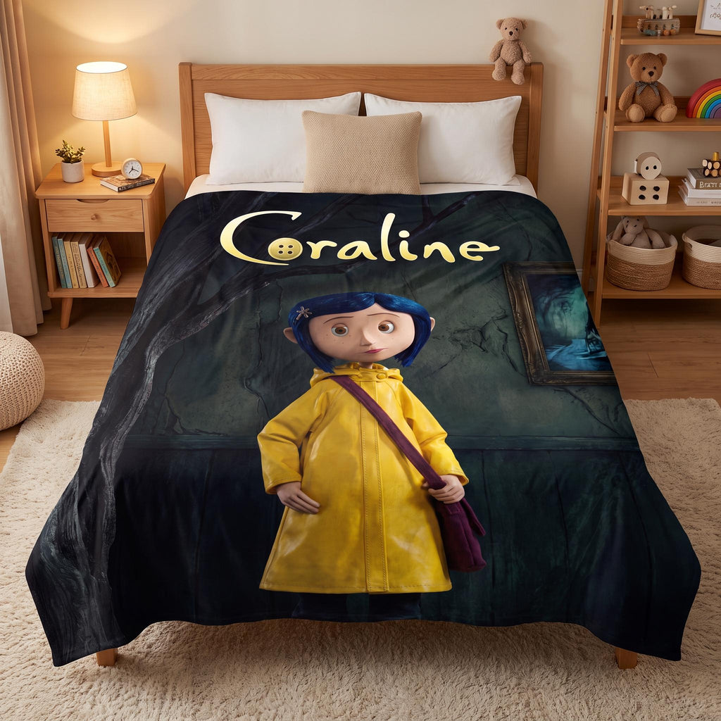 Personalized Creepy Cute Throw, Custom Gothic Fantasy Bedding, Spooky Blue Hair Girl Blanket, Dark Aesthetic Bedroom Decor