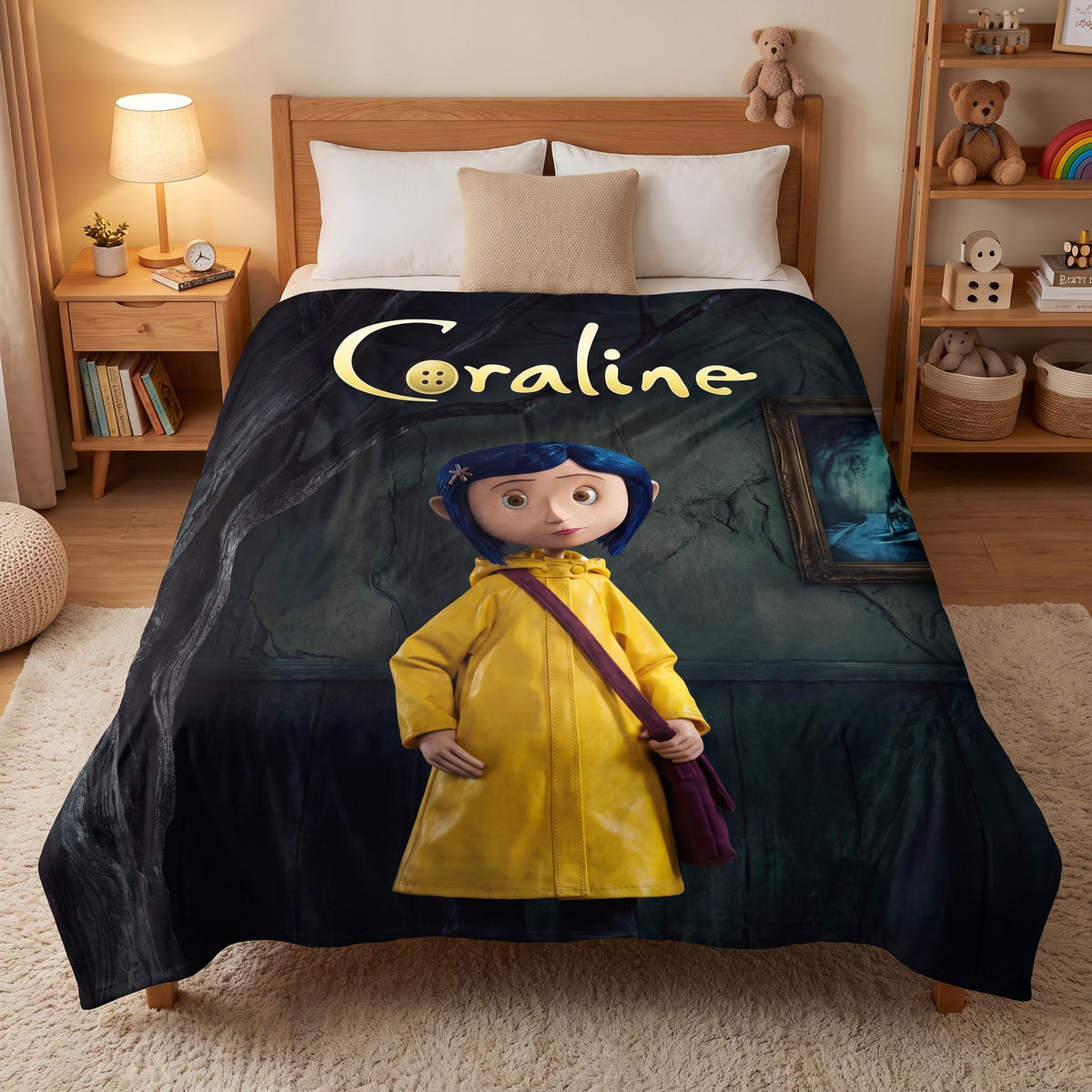 Personalized Creepy Cute Throw, Custom Gothic Fantasy Bedding, Spooky Blue Hair Girl Blanket, Dark Aesthetic Bedroom Decor