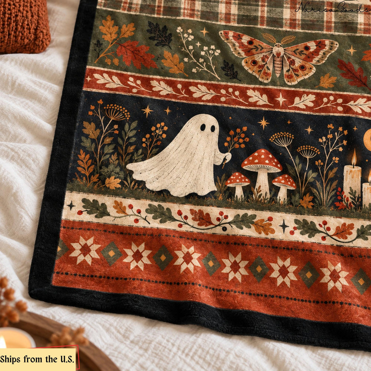 Cottagecore Halloween Flannel Blanket, Ghost and Mushroom Print, Owl and Moth Fall Throw, Vintage Plaid Woodland Decor