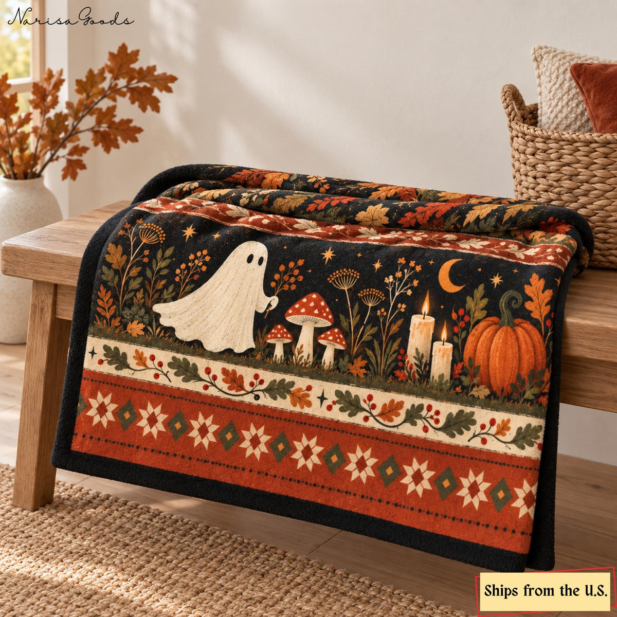 Cottagecore Halloween Flannel Blanket, Ghost and Mushroom Print, Owl and Moth Fall Throw, Vintage Plaid Woodland Decor
