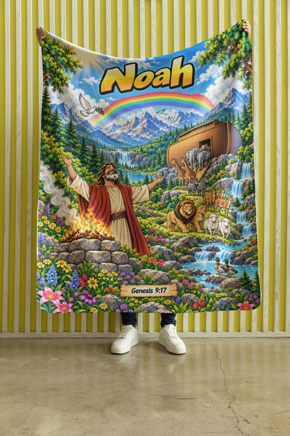 Noah's Ark Scene Velveteen Plush Blanket | Biblical Genesis 9:17 Rainbow