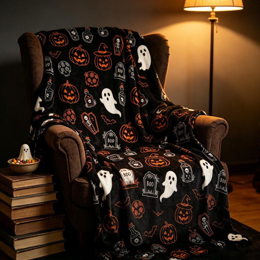 Halloween Pumpkin Blanket, Ghost and Tombstone Throw, Spooky Season Flannel, Cozy Fall Decor, Gift for Her, Soft Fleece Blanket