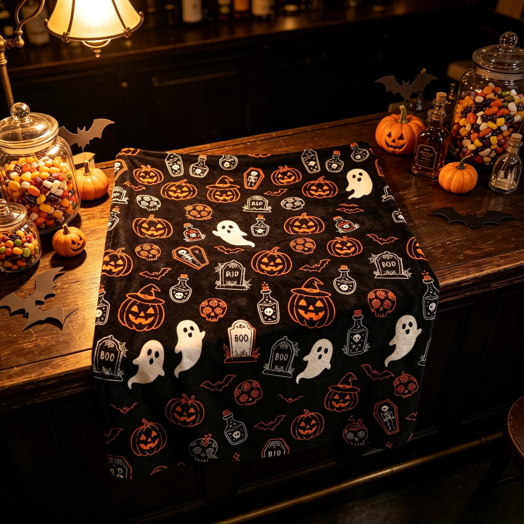 Halloween Pumpkin Blanket, Ghost and Tombstone Throw, Spooky Season Flannel, Cozy Fall Decor, Gift for Her, Soft Fleece Blanket