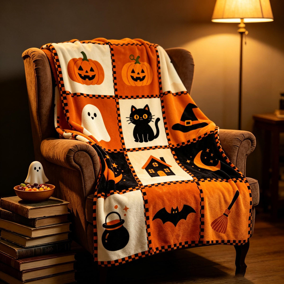 Halloween Patchwork Blanket, Vintage Quilt Style Throw, Orange Black Flannel, Spooky Season Decor, Cozy Home Gift