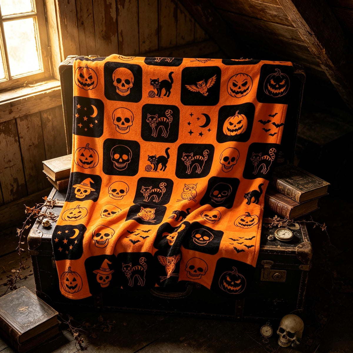 Vintage Halloween Throw, Spooky Pumpkin Blanket, Cat Owl Flannel, Cozy October Decor, Gift for Halloween Host