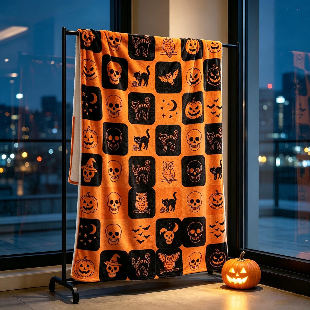 Vintage Halloween Throw, Spooky Pumpkin Blanket, Cat Owl Flannel, Cozy October Decor, Gift for Halloween Host