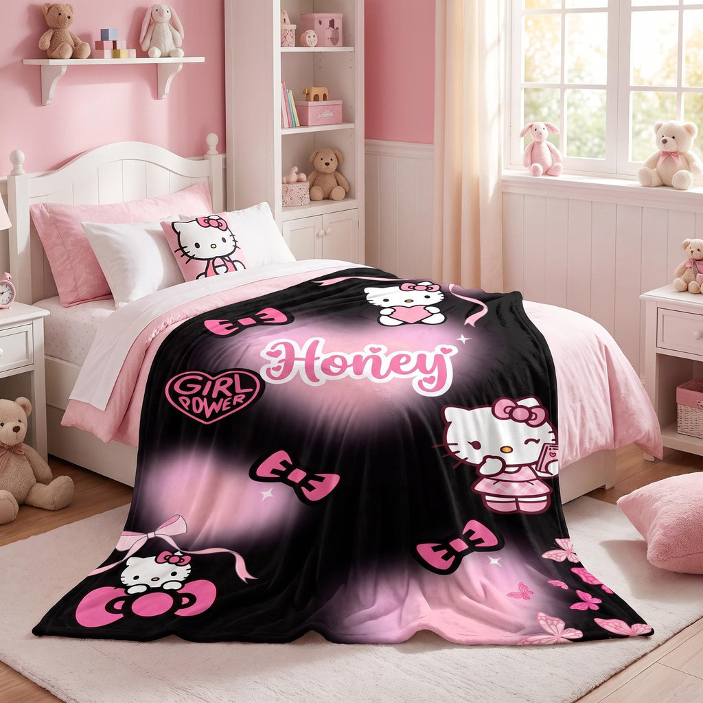 Personalized Kawaii Cat Blanket, Custom Pink Bow Name Blanket, Coquette Girl Power Bedding,Aesthetic Room Gift