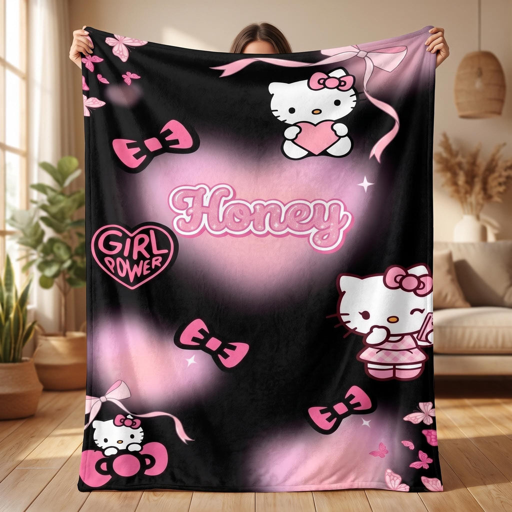 Personalized Kawaii Cat Blanket, Custom Pink Bow Name Blanket, Coquette Girl Power Bedding,Aesthetic Room Gift