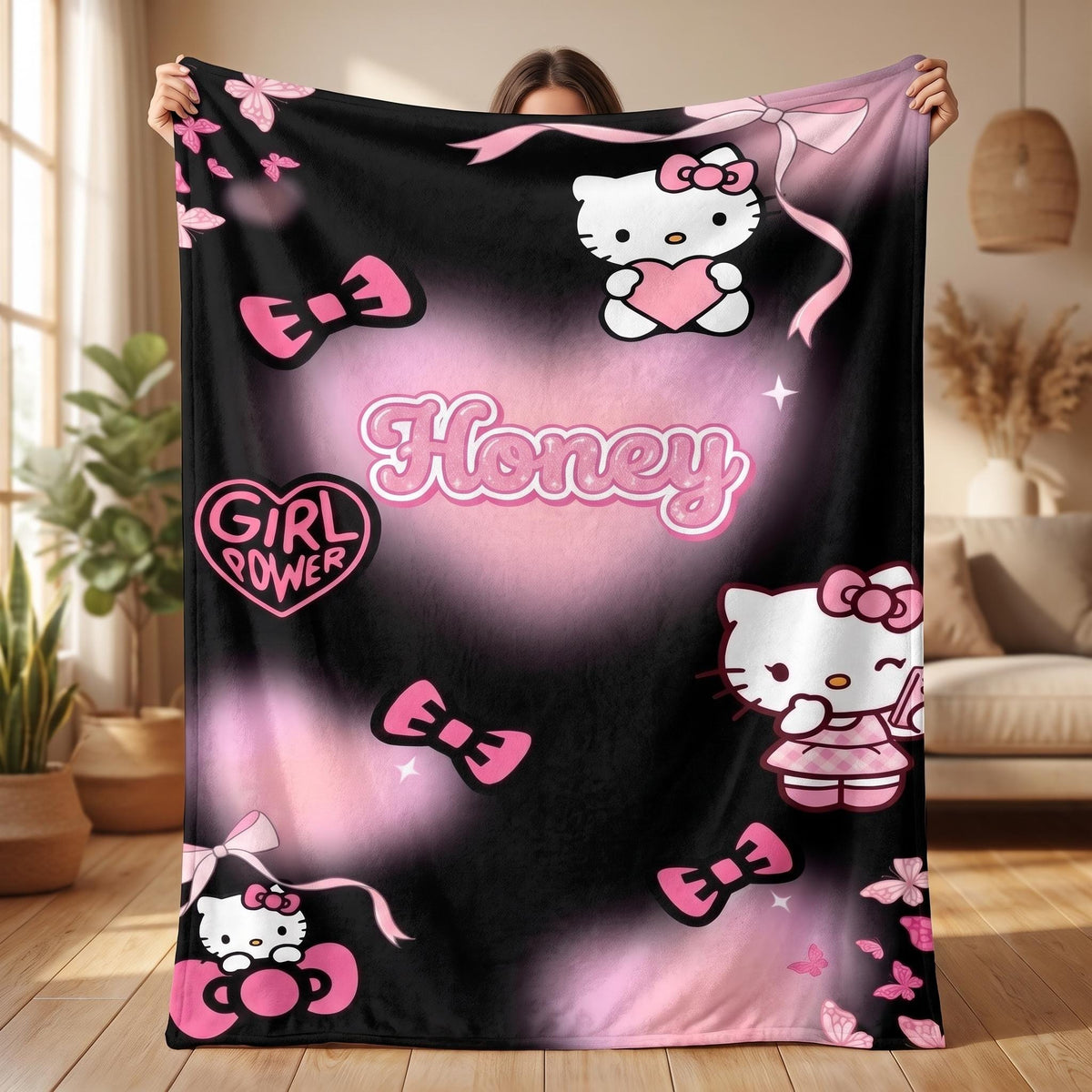 Personalized Kawaii Cat Blanket, Custom Pink Bow Name Blanket, Coquette Girl Power Bedding,Aesthetic Room Gift