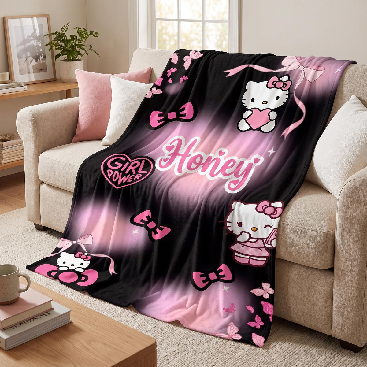Personalized Kawaii Cat Blanket, Custom Pink Bow Name Blanket, Coquette Girl Power Bedding,Aesthetic Room Gift