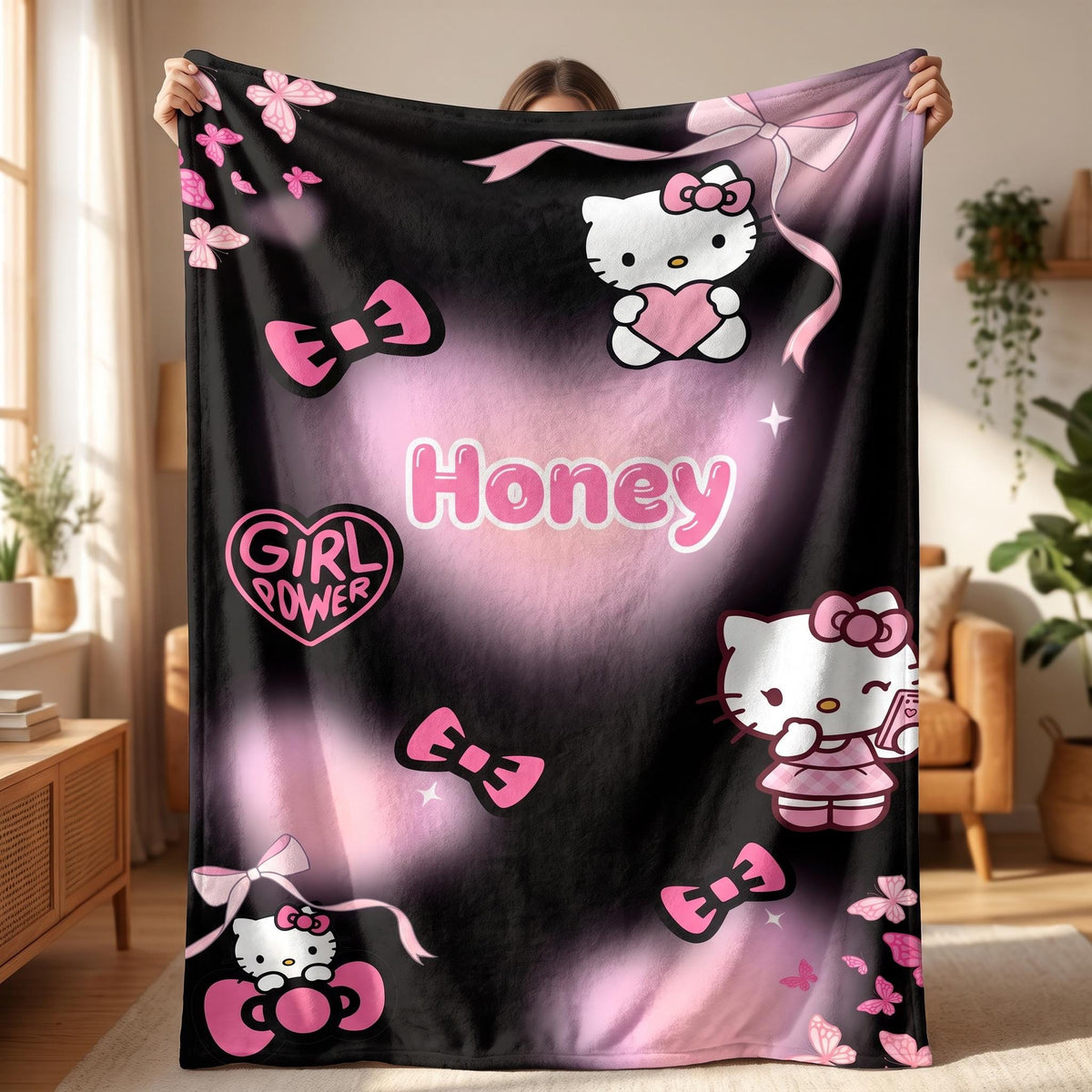 Personalized Kawaii Cat Blanket, Custom Pink Bow Name Blanket, Coquette Girl Power Bedding,Aesthetic Room Gift