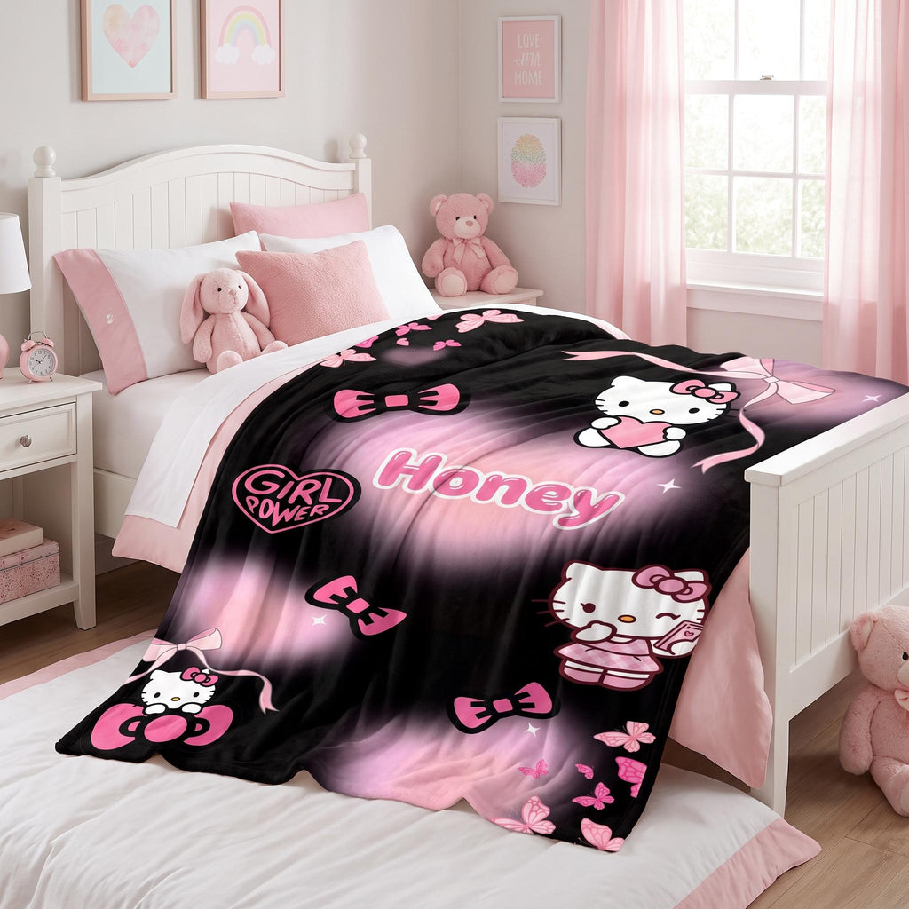 Personalized Kawaii Cat Blanket, Custom Pink Bow Name Blanket, Coquette Girl Power Bedding,Aesthetic Room Gift