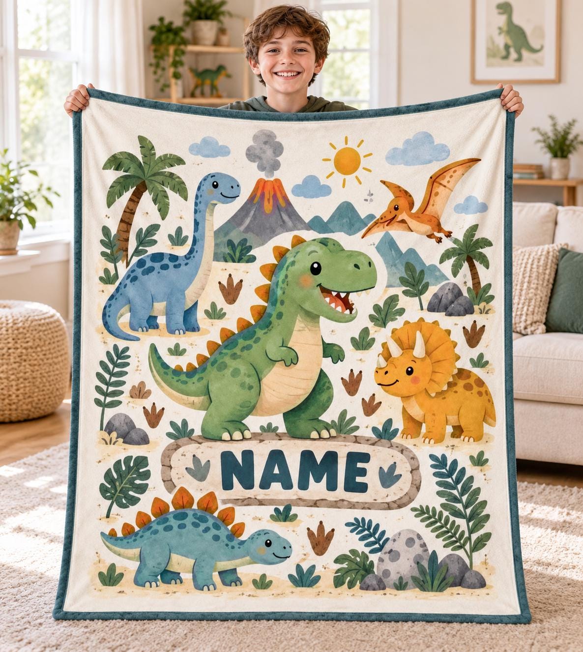 Personalized Dinosaur Blanket for Boys, Custom Kids Name Fleece Throw, Cute Dino Nursery Decor, Personalized Birthday Gift for Toddlers