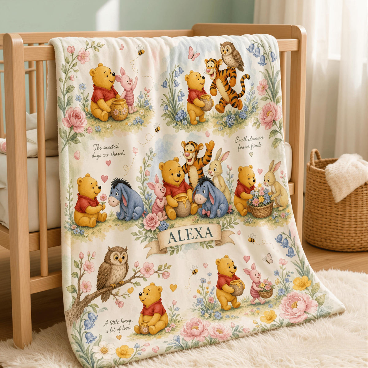 Custom Name Winnie the Pooh Blanket, Hundred Acre Wood Characters, Cozy Flannel Fleece Throw
