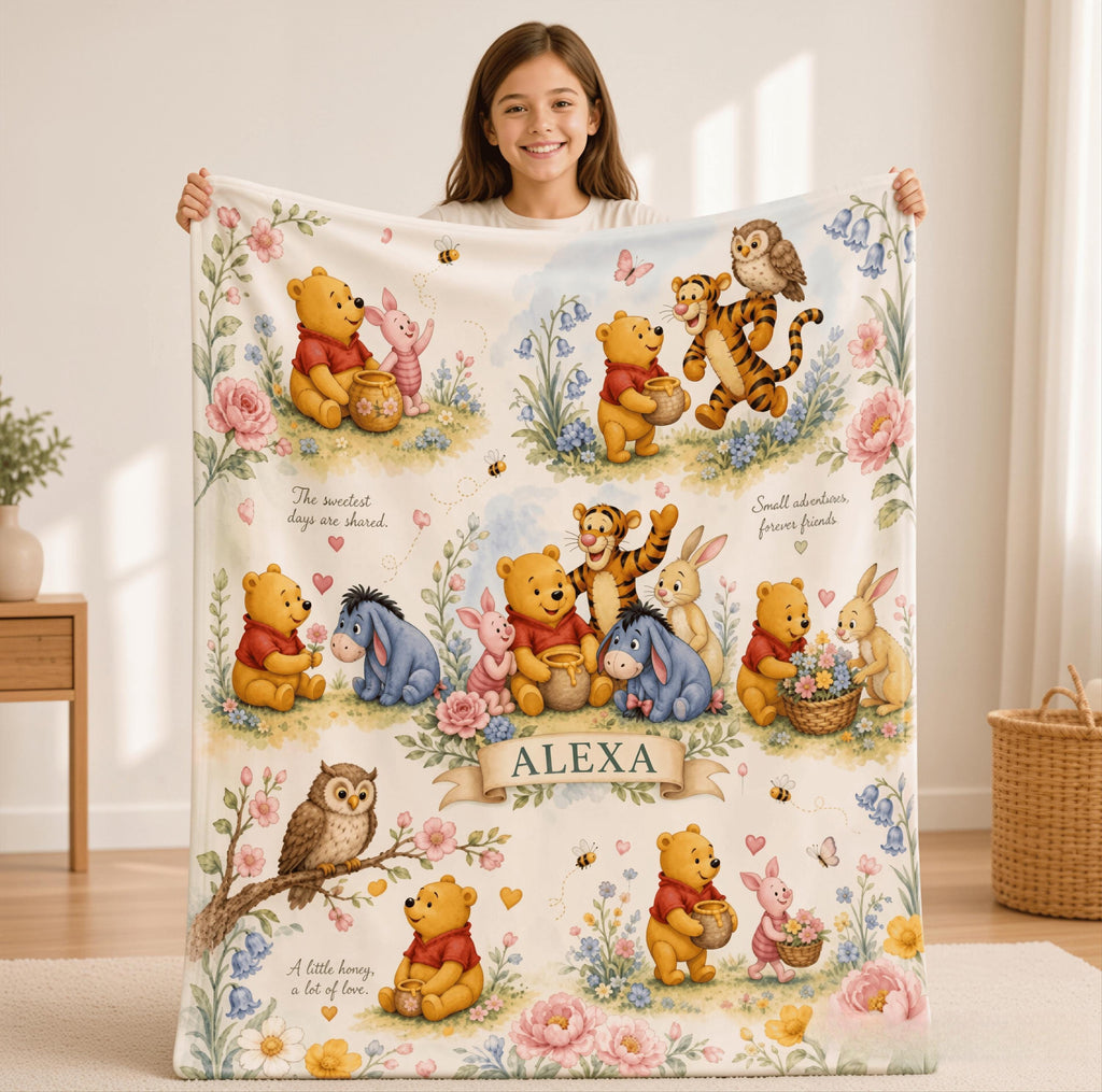 Custom Name Winnie the Pooh Blanket, Hundred Acre Wood Characters, Cozy Flannel Fleece Throw