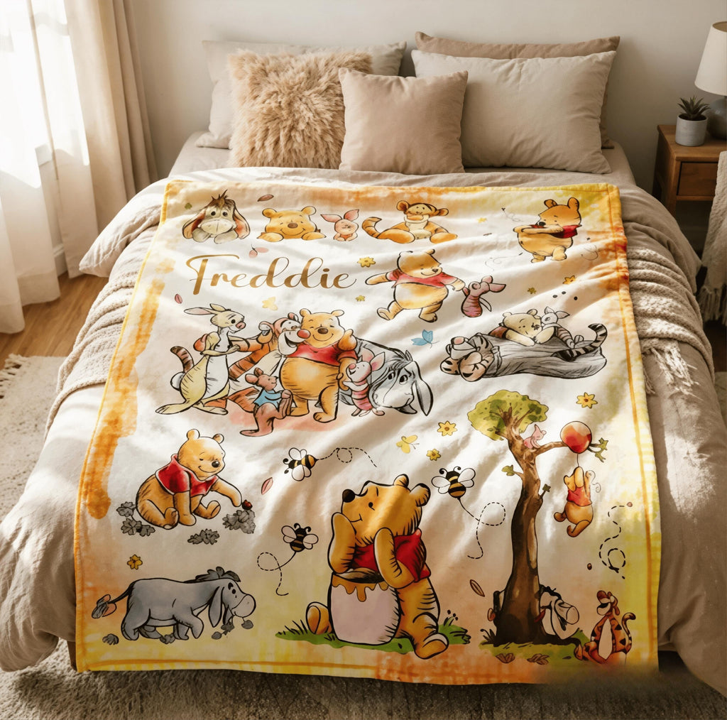 Custom Name Winnie the Pooh Blanket, Hundred Acre Wood Characters, Cozy Flannel Fleece Throw