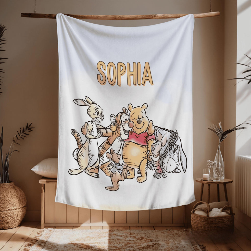 Custom Name Winnie the Pooh Blanket, Hundred Acre Wood Characters, Cozy Flannel Fleece Throw