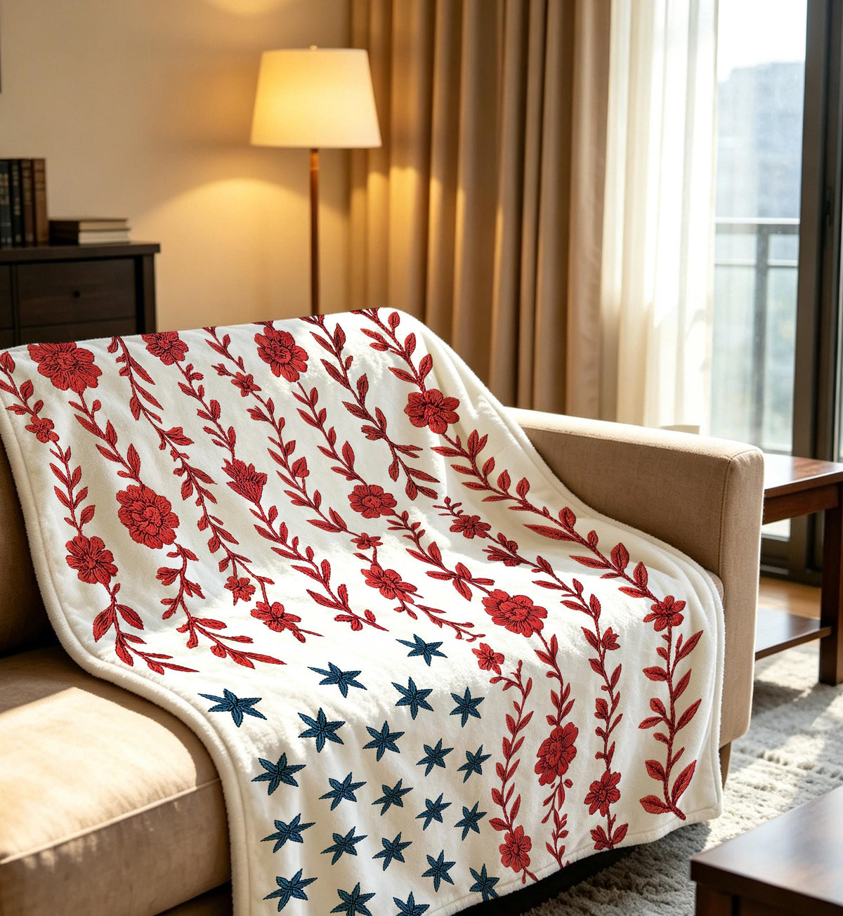Floral American Flag Throw Blanket,Red Wildflower USA Blanket,Cozy Soft Flannel Blanket,Patriotic Decor,Americana Stars Blanket,Warm Blanket